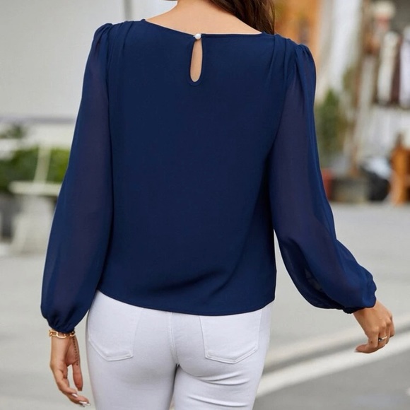 🆕 Navy Long-Sleeve Blouse w/ Sheer Sleeves - Picture 2 of 6